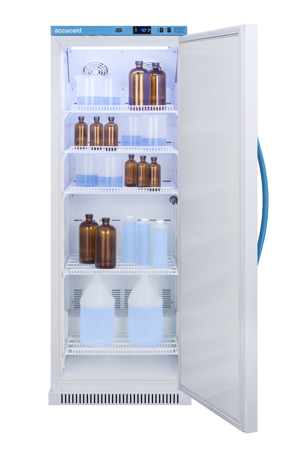 Performance series Med-Lab 12 cu.ft. upright all-refrigerator for laboratory storage with factory-installed data logger, antimicrobial silver-ion handle, and hospital grade cord with 'green dot' plug